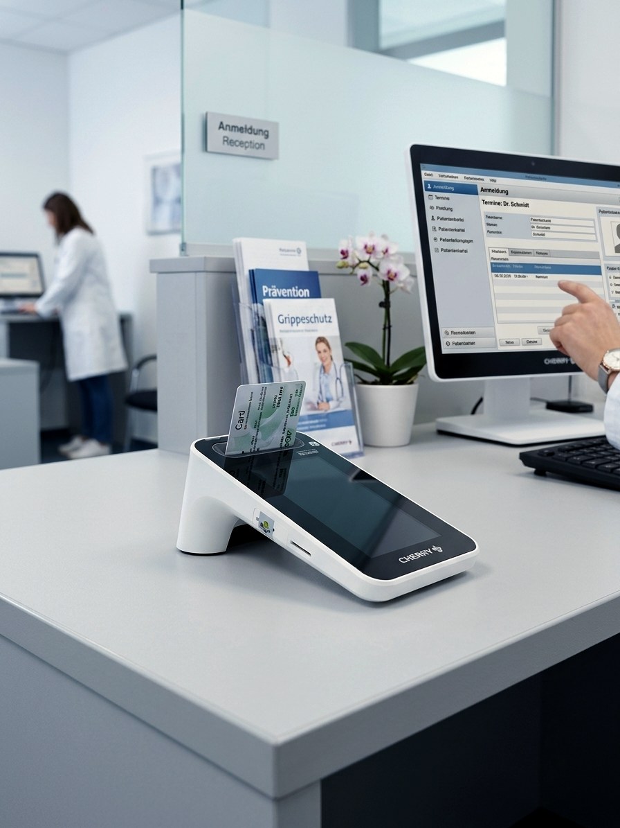 CHERRY eHealth-Kartenterminal mit eingesteckter Gesundheitskarte am Empfang einer Arztpraxis